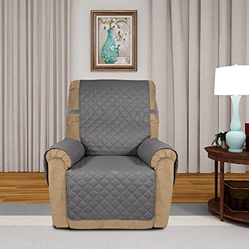Image of PureFit Reversible Quilted Sofa Cover, Water Resistant Slipcover Furniture Protector, Washable Couch Cover with Non Slip and Elastic Straps for Kids, Dogs, Pets (Small Recliner, Gray /Gray)