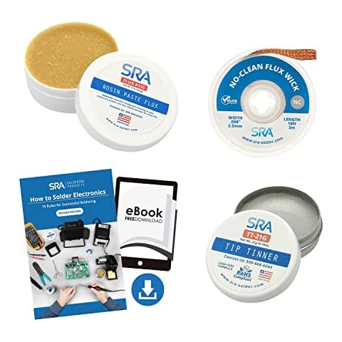 SRA Solder Upgrade Kit - USA Made Rosin Electronics Flux Soldering Paste, Lead Free Tip Tinner for Iron Maintenance, 10' Copper Braid Desoldering Wick .098" and How to Solder PDF Guide Cover