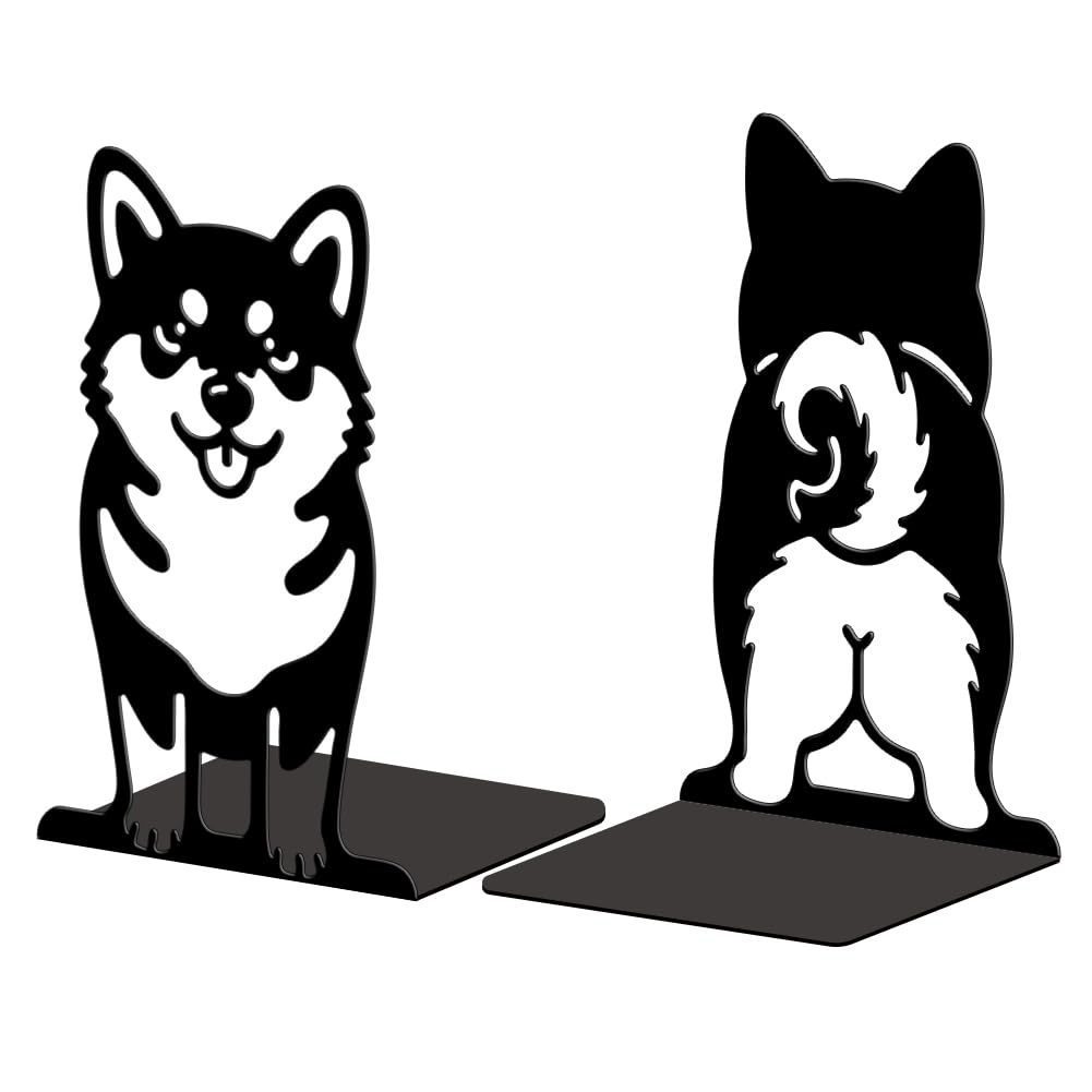 Peacoblue Metal Bookends for Shelves, Modern Decorative Heavy Duty Study Book Ends Stoppers for Office Desk Shelf Room Cute Shiba Inu Cast Iron Simple Tall Bookends 1 Pair (Cute Shiba Inu)