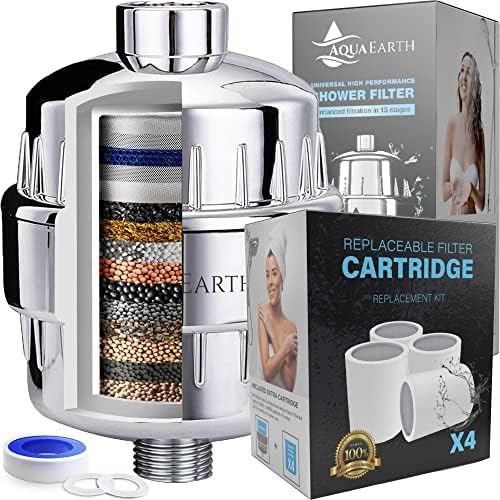 Aqua Earth 15 Stage Shower Filter with Vitamin C Shower Filters for Hard Water Unique Coconut Shell Activated Carbon Technology | Best Removes Chlorine Fluoride Heavy Metals & Other Sediments