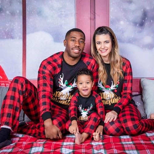 Image of IFFEI Matching Family Pajamas Sets Christmas PJ's with Letter and Plaid Printed Long Sleeve Tee and Bottom Loungewear