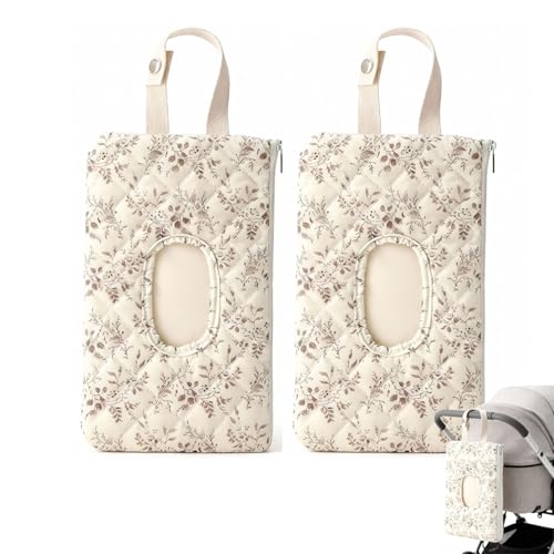 2PCS Quilted Baby Wipe Holder, Portable Refillable Diaper & Wipes Pouch with Lanyard, Quilted Reusable Bag for Travel Mommy Bag