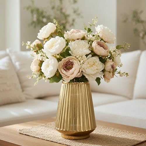 Image of Behoma Metal Golden Ribbed Fluted Column Flower Vase for Home Decor