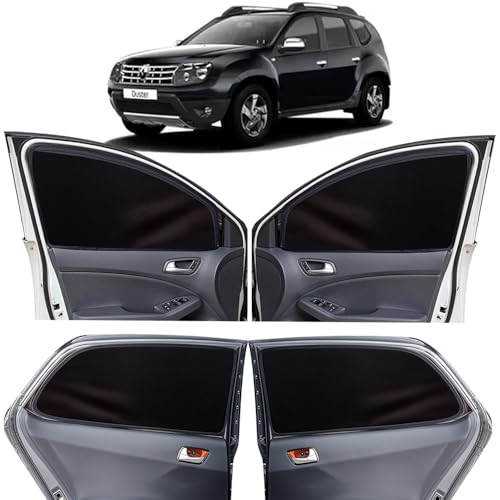 Image of OTO2EYE Car Sun Shade Compatible for Renault Duster Model-2015-2022, Z-Black Super Magnetic Grip, Front Window Zipper, Side Window Curtains, 6 Pieces Set