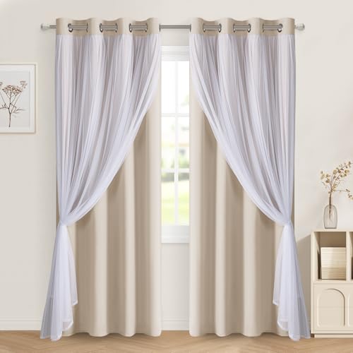 Image of DWCN Beige Blackout Curtains with Sheer Overlay with Tiebacks 84 Inch Long