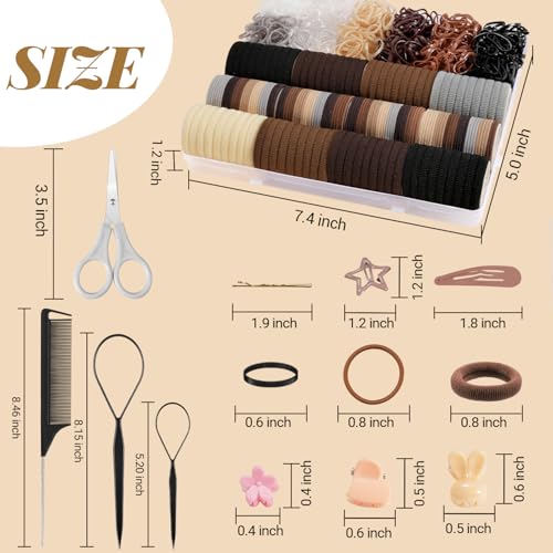 823PCS Elastic Hair Ties, IKOCO Hair Bands Hair Accessories for Girls with Hair Clips, Neutral Colors