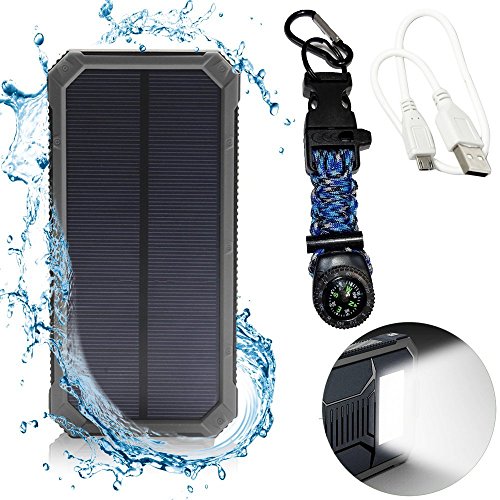 Emergency Backup Solar Phone Charger 12000mAh - LED Flashlight and Waterproof - Includes