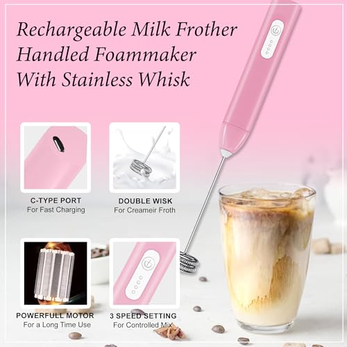 Image of GLUN Portable Coffee Frother Vibe Pink Colour 1 Piece, Type-C Port Rechargeable Handheld Milk Frother with 2-Layer Detachable Steel Whisk, Fast Foam Maker for Latte, Cappuccino & Coffee