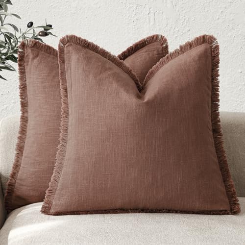 Image of Foindtower Set of 2 Decorative Linen Fringe Throw Pillow Covers Boho Farmhouse Cushion Cover with Tassels Soft Accent Pillowcase for Couch Chair Sofa Bed Living Room Home Decor,18x18 Inch,Rust Red