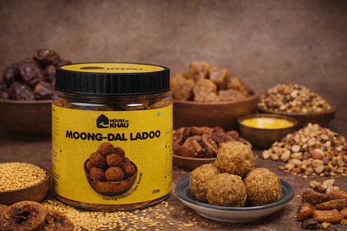 Image of HOUSE OF KHAU Moong Dal Ladoo with Traditional Lentil Sweet Flavour | No Sugar & Preservatives | Homemade Style Treat Made with Dry Anjeer, Jaggery & Ghee | Tea Time Snacks Munching (300 Grams)