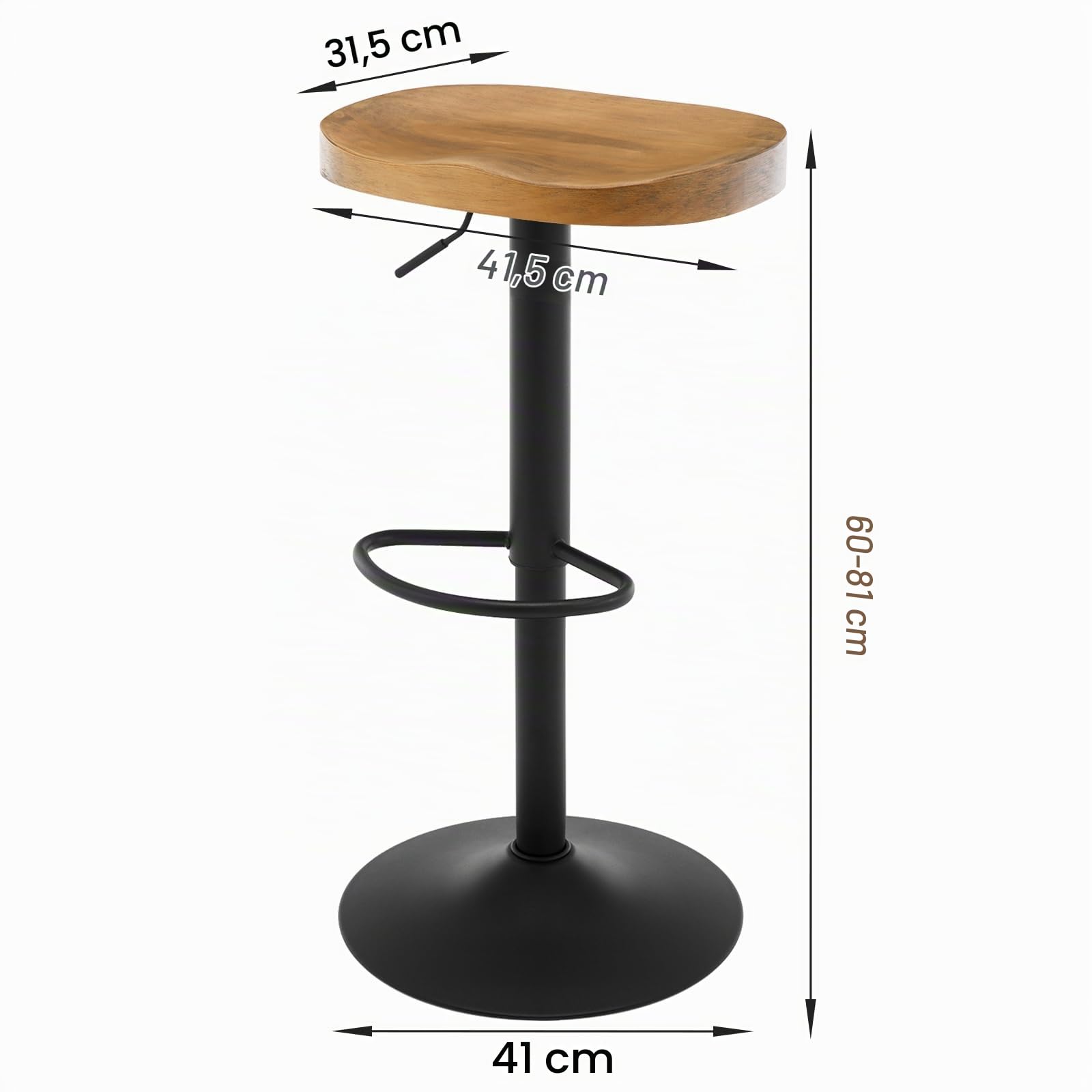 WOLTU Taburetes Altos de Cocina, Regulable en Altura，Marrón Rústico | Giratorio con Reposapiés, Asiento de Madera, para Zona de Bar, Cocina, Base Metalico
