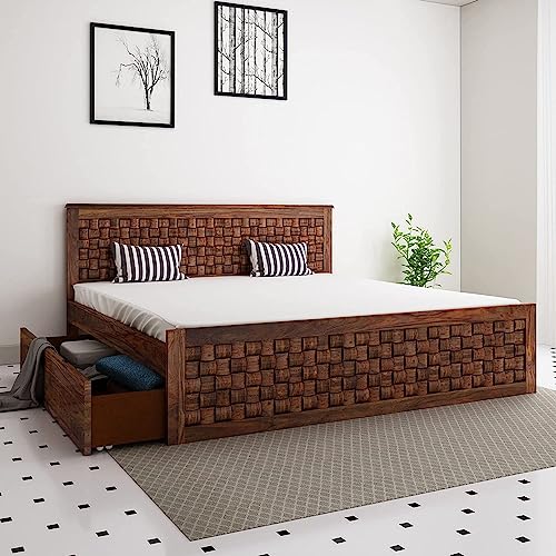 Image of SHRI MINTU'S ART Sheesham Wood Queen Size Bed with Storage | Wooden Double Bed Cot Bed with 2 Drawer Storage for Bedroom | Palang Diamond Design for Hotels | L 208.2 X W 160 X H 106.68, Warm Chestnut
