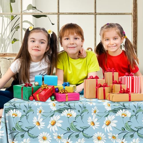 Image of Spring Daisy Flower Tablecloth,3pcs Blue Flower Table Covers Plastic Rectangle Tablecloth for Retro Theme Daisy Birthday Party Decor