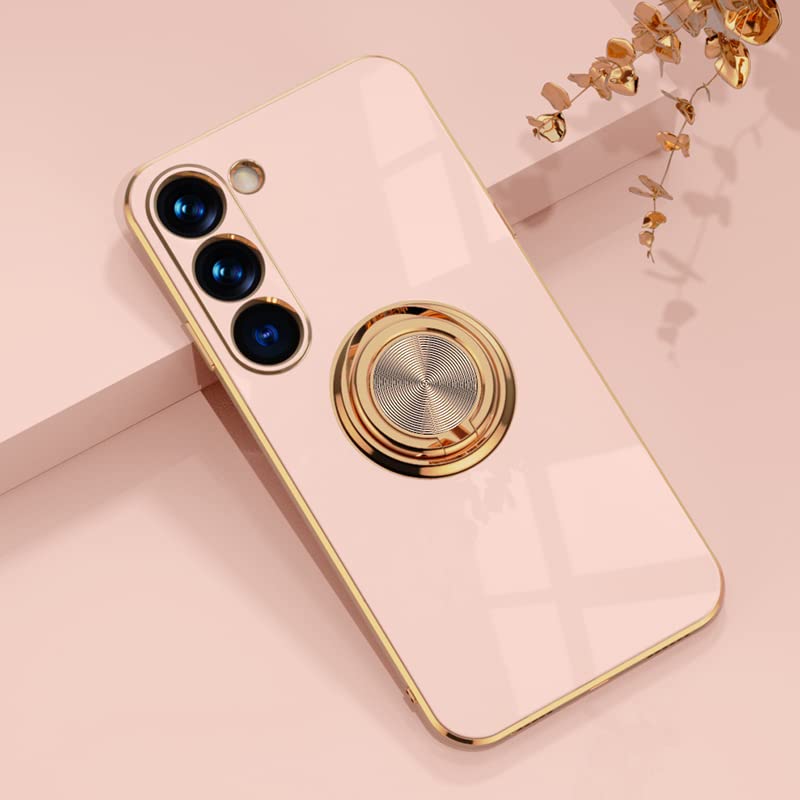 OmorroCompatible with Rose Gold Galaxy S23 Plus Case for Women Girls Kickstand Ring Holder 360 TPU Rotation Ring Case with Stand Plating Edge Work with Magnetic Mount Slim Luxury Case, Pink