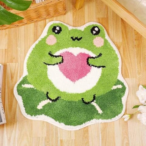 FGCOGOD Frog Bath Mat, Frog Bathroom Rug Non-Slip for Shower, Soft and Absorbent Microfiber Tub Rug with Lotus Leaf, Cute Animal Shaped Washable Floor Mats for Kids Bedroom, Green Cover