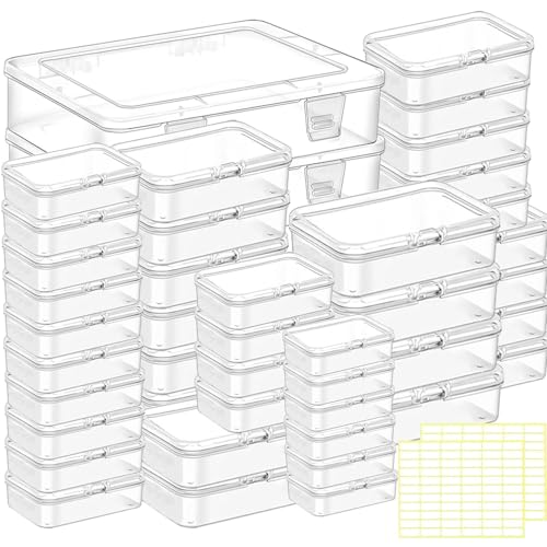Image of Bead storage container,44pcs of different sizes rectangular mini clear plastic storage box with hinged lid and label for bracelet making DIY jewelry craft nail organizer,Mix Size-2