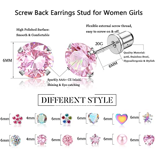Besteel Hypoallergenic Screw Back Stud Earrings For Girls Women, Cz Ball Stainless Steel Stud Earrings Set, Cute Heart Pearl Flower Star Surgical Steel Screwback Earrings, 12 Pairs Mix #TOP1