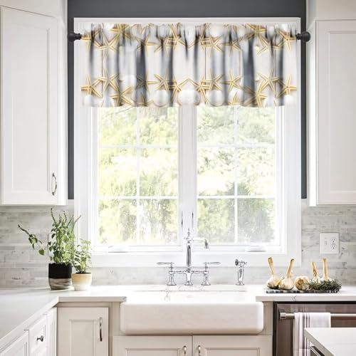 Image of Vintage Summer Beach Window Valance Curtain, Rustic Wooden Board Starfish Seashell Sealife Theme Window Treatment Valances for Kitchen Living Room Cafe Decor 54'x18', 1 Panel