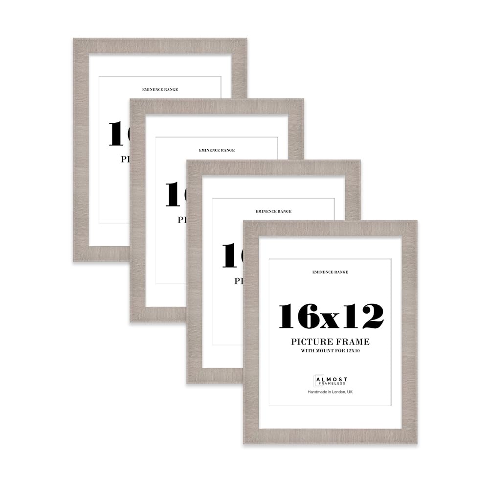 16x12" Grey Picture Frame with 12x10" Mount - Shabby Chic Photo Frame with Distressed Finish, Wall Hooks, 32mm Edge - 4 Pack