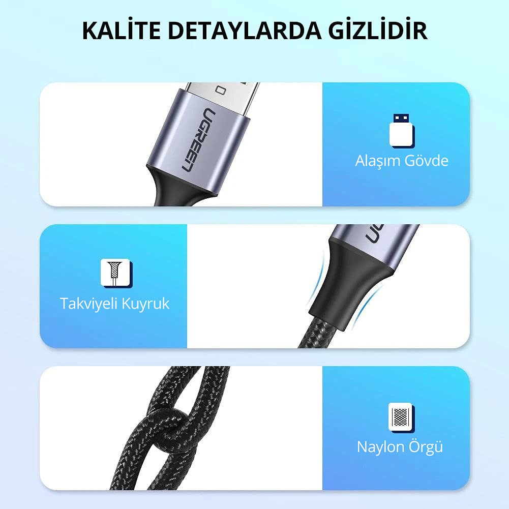 Ugreen Örgülü USB Type-C Şarj ve Data Kablosu, 1.5 Metre, Siyah