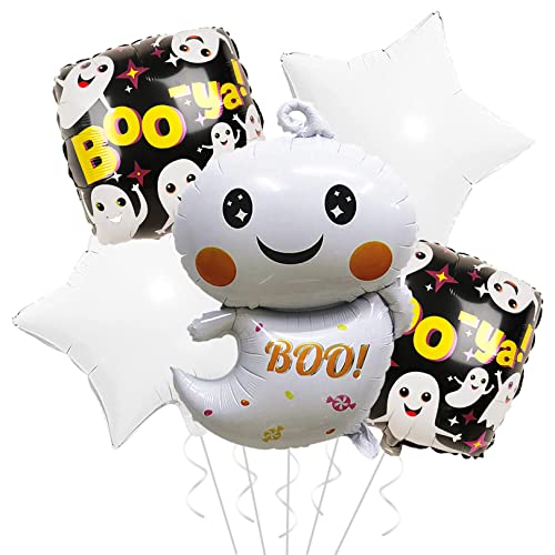 5 Stück Halloween Luftballons Set, Halloween Deko Weißer Geist und Stern Folienballon Halloween, Wiederverwendbar Halloween Party Ballons Für Karneval Grusel Halloween Party Dekorationen Cover