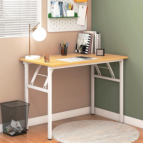Image of Need Office Computer Desk 39.3 Inch Sturdy Folding Laptop Table Teak | White Frame Writing Gaming Work Table /Foldable Home Office Desk /Sewing Table, No Assembly Required