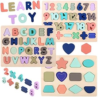 Voamuw Wooden Puzzles for Toddlers, wood Alphabet Number Shape Jigsaw for 3 4 5 Year Old Kids, Montessori Learning Educational Toys Gift for Boys Girls (Set of 3)
