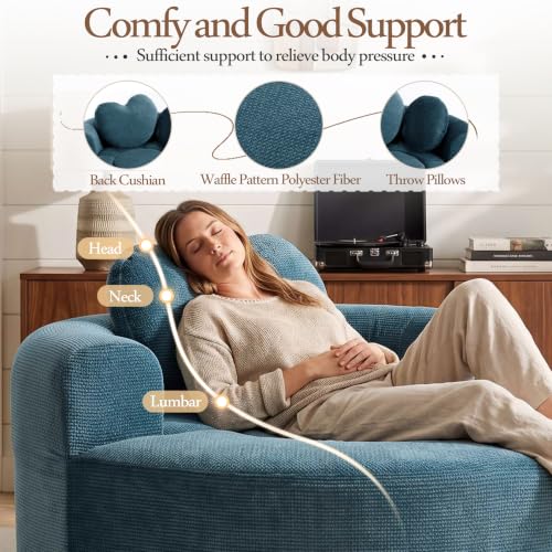 Image of Trustyue Boneless Couch,Comfy Fluffy Sofa Bed,Upholstered Sleeper Sofa with Cup Holder and Throw Pillows,Corduroy Plush Cloud Lounge Chair (Blue, Waffle Polyester)