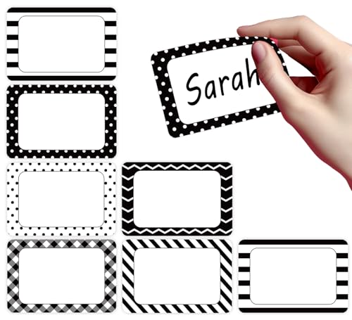 Image of Whaline 180 Pcs Back to School Name Tag Stickers Self-Adhesive Nameplate Decal Black White Polka Dot Stripe Plaid Blank Name Label for School Classroom Bulletin Board Desk Wall Decor