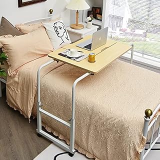 COSTWAY Extendable Overbed Table, Adjustable Mobile PC Laptop Computer Desk with Rolling Wheels, Home Office Study Writing Workstation (Natural)