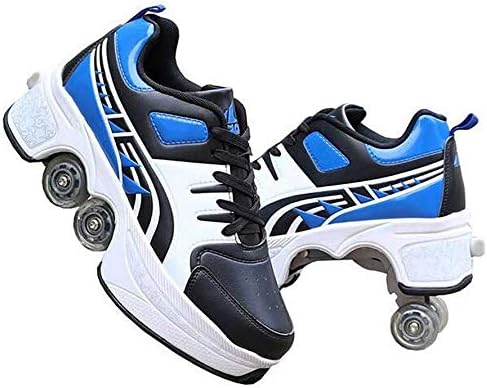 Double-Row Deform Wheel Automatic Walking Shoes Invisible Deformation Roller Skate 2 in 1 Removable Pulley Skates Skating Rollerskates Outdoor Parkour Shoes with Wheels for Girls Boys