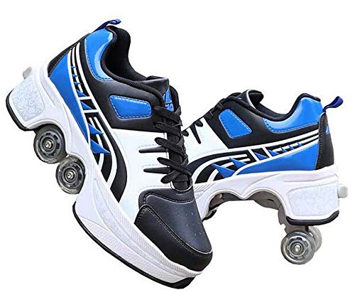 Double-Row Deform Wheel Automatic Walking Shoes Invisible Deformation Roller Skate 2 in 1 Removable Pulley Skates Skating Rollerskates Outdoor Parkour Shoes with Wheels for Girls Boys