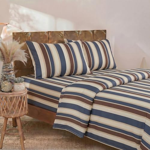 Image of Merryword Blue Cabana Striped Sheet Set Full Size - 100% Cotton Striped Bedding 4 Pieces, Soft Breathable Percale Weave, 17.5 inch Deep Pocket, Luxury Linen Like, All Season Comfort