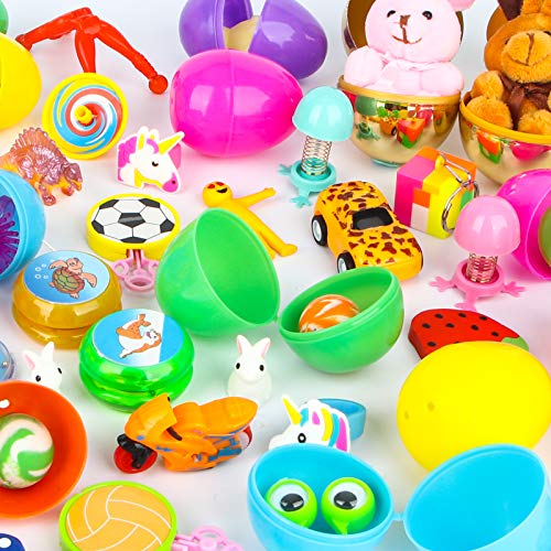Sizonjoy 50 Toys Filled Easter Eggs, Different Kinds of Popular Prefilled Toys, Bright Colorful Prefilled Plastic Easter Eggs, Prizes,Kids Party Favors