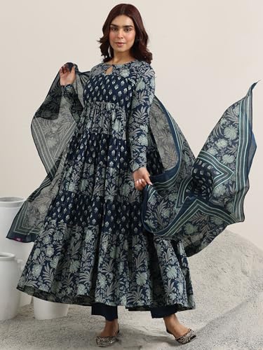 Image of Libas Printed Cotton A-Line Kurta With Churidar and Dupatta