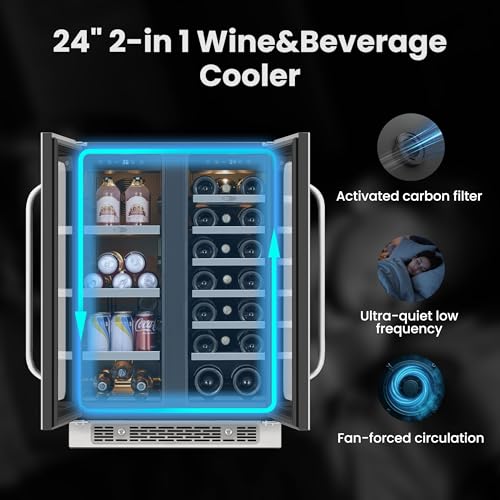 Image of Wine and Beverage Fridge Glass Door Dual Zone 20 Bottles 60 Cans Built in Beverage Refrigerator or Freestanding Wine Cooler Under Counter French Door Refrigerators for Beer Drink Home Bar 5.65 Cu.ft