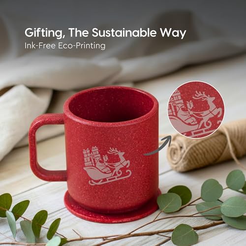 Image of Eha Earth-Friendly Christmas Gifts for Friends and Family | Secret Santa Gifts | Made with Rice Husk | Printed Christmas Mug and Coasters Set of 2, Keychain & Loopac Box | 350 ml | Coral
