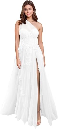 zcbang Plus Size Prom Dresses for Women White One Shoulder Tulle Modest Long Aline Puffy Floral Lace Corset Elegant Fairy Ball Gowns