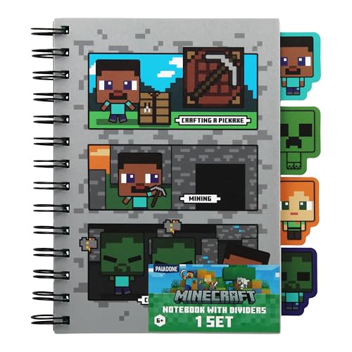 Paladone Minecraft Notebook Stationery Set for Boys, Officially Licensed A5 Spiral-Bound Planner with 4 Dividers and Ruler, Back to School Supplies