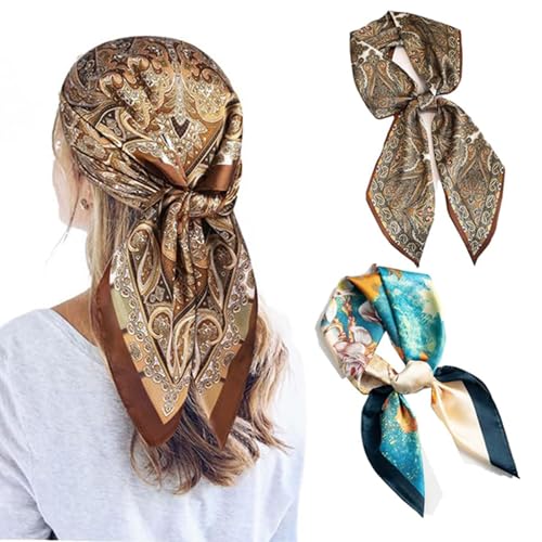Image of 2Pcs Silk Scarf for Women, Stylish Satin Scarf for Women, 70x70cm Square Head Scarf, Elegant Scarf for Office, Travel, Casual Wear