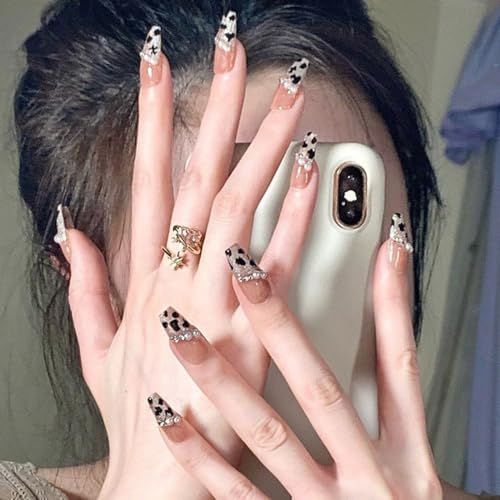 [YN.SELECTION] Press on nails, 10 pcs handmade fake nails, Ballerina, cat eyes, coffin, y2k, Bright colors, Using high hardness false nails, reusable nail tips~leopard print pearls(Small)