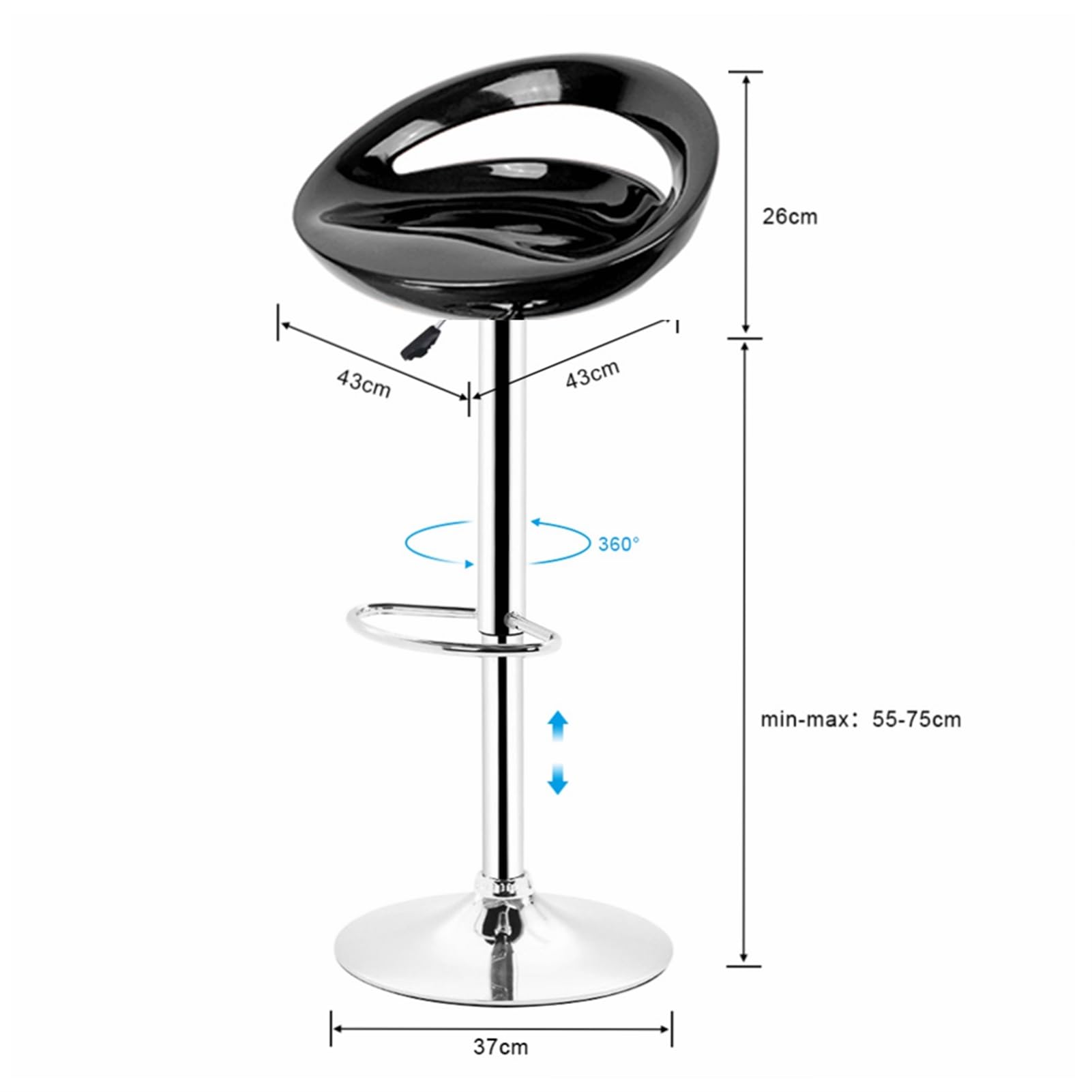homewell Barhocker 4er Set, Sitz aus ABS-Kunststoff, Drehbare Barhocker Höhenverstellbar 55 bis 75 cm, Metall Basis aus Edelstahl mit Fußstütze (4, Black)