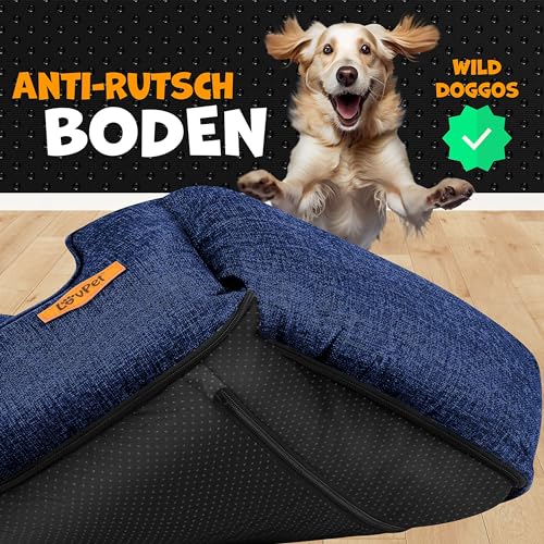 Lovpet® Hundebett Hundekissen Hundekorb Chiller, Inkl. Napf + 3X Kauknochen, Hundesofa Kissen für Kleine, Mittelgroße & Große Hunde, Bezug abnehmbar und waschbar, XL 110 x 75 x 27 cm Navyblau