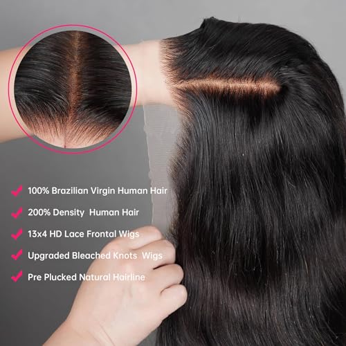 MEGALOOK Upgraded Bleached Knots Body Wave Human Hair Wig 13x4 HD Pre Cut Lace Front Wigs 200% Density Brazilian Real Human Hair Wigs for Women Wear and Go Glueless Wigs Natural Black Color 20 Inch - Image 4