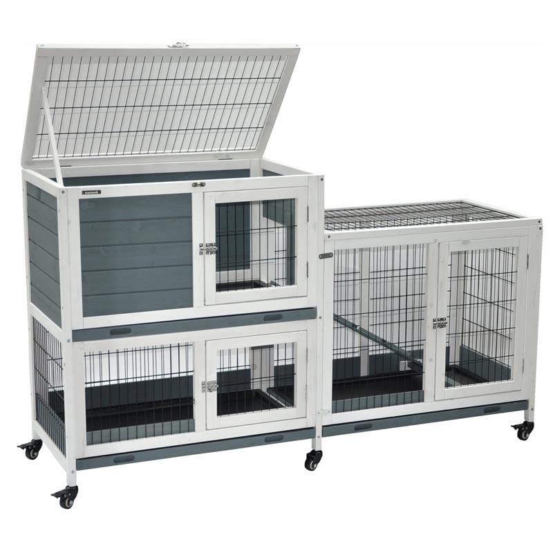 nanook Kleintierstall Nagerstall Indoor Kaninchenstall Hasenstall Meerschweinchen 146 x 89 cm - 6 x praktische Rollfüße - grau-weiß