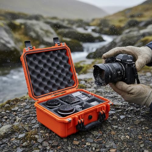 Image of MEIJIA Portable All Weather Waterproof Protective Case,Hard Case,Camera Case With Customized Fit Foam,Fit Use of Drones,Camera,Equipments,Pistols,13.35 x11.63x5.98inches (Orange)