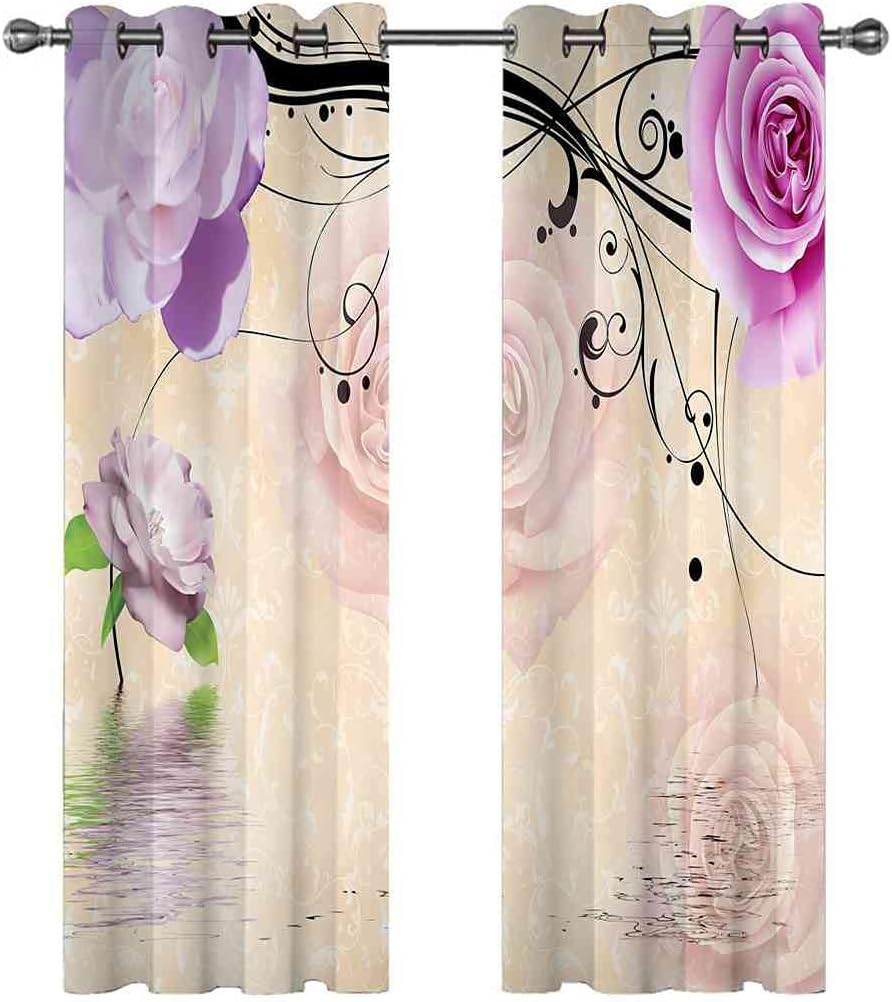 Modern Blackout Curtains with Eyelet 3D Printed Thermal Insulated Window Treatments Purple Rose Flower Living Room Bedroom Window Drapes 2 Panel Set 72" X 108" (2XW55"xL96")