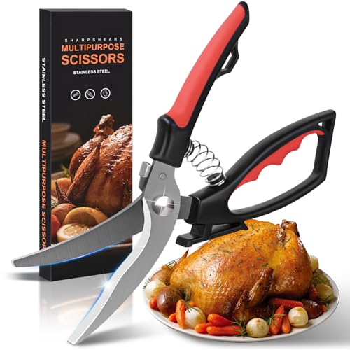 Tijeras cocina, Tijeras de aves de corral afiladas de acero inoxidable para cortar carne, huesos de pollo, pescado y verduras, tijeras de acero de pollo con cierre de seguridad y mecanismo de resorte