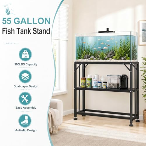 Image of TOCRETOARE Fish Tank Stand 55-75 Gallon, Metal Aquarium Stand, 48.4 inchx19.7 inchx32.3 inch Double-Layer Storage Design, Suitable for Home Office Use, 900LBS Capacity,Black (Tank not Included)