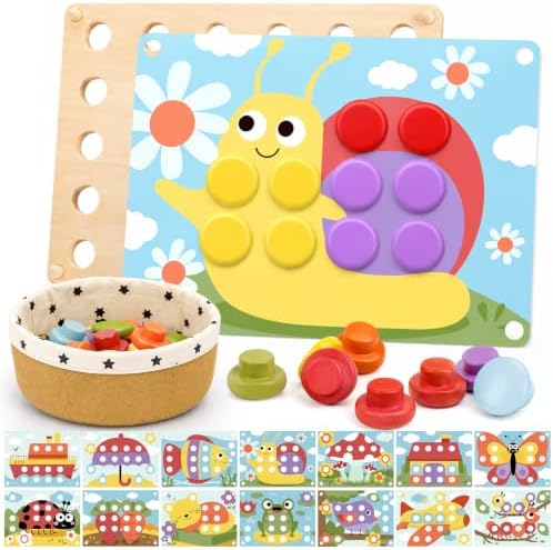 JoyReal Holz Steckspiel Spielzeug ab 3 Jahre, Steckspiel Montessori Spielzeug zum Farbenlernen 14 Motive 22 * 30cm, Reise Spielzeug Holzspielzeug, Geschenk Junge ud mädchen ab 3 Ja